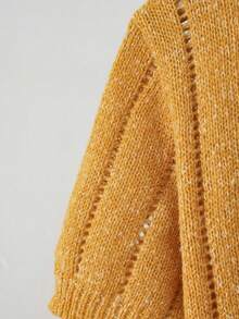 Women's Warm Yellow Short Sleeve Sweater, Cable Knit Pullover, Regular Length Knit Top, Ribbed Hem, Slightly Stretchy, Comfortable To Wear, Vintage Style, Suitable For Summer, Autumn - Yellow - View 7