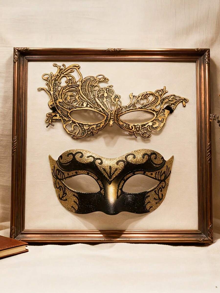 2件/組高級金色面具套裝，威尼斯派對面具，聖誕節萬聖節派對面具，嘉年華角色扮演派對浪漫面具，適合男女情侶，情人節派對，情侶化裝舞會，情人節禮物 - 查看 1