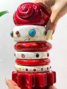 Brazalete de resina delgado vintage rojo y blanco con incrustaciones de turquesa y diamantes de imitación multicolor, pulsera ancha apilable con forma asimétrica tallada vintage, accesorio de muñeca llamativo, adecuado para fiestas, vacaciones y uso diario de mujeres - Multicolor - Ver 10