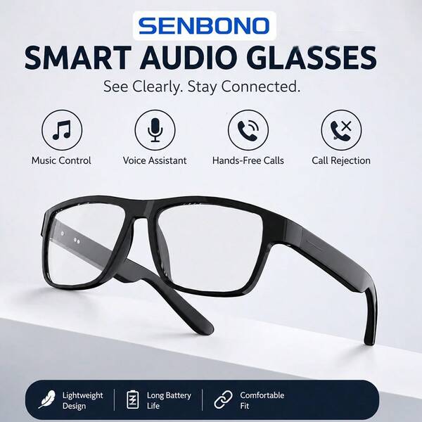  Gafas de Audio Inteligentes SENBONO - Tecnología Vestible con Control Táctil, Calidad de Sonido Hi-Fi, Micrófono Integrado, Carga USB, Conexión Inalámbrica, Adecuadas para Música, Gafas Decorativas Ligeras, Llamadas y Actividades al Aire Libre - Regalo Perfecto para Hombres y Mujeres