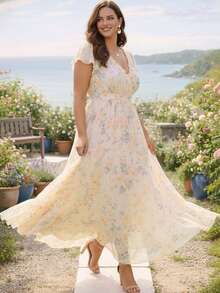Plus Size Elegant Pink Floral Print Ruffle Trim V-Neck Flowy Sleeve High Waist Maxi Dress, Suitable For Spring/Summer Wedding Beach Vacation - Apricot - View 4