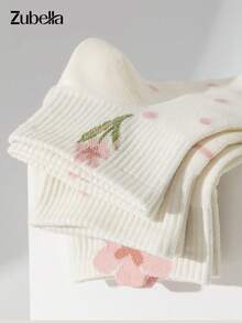 5 Pares de Meias Curtas Femininas Brancas & Rosas com Laço Doce e Designs Florais, Meias de Tornozelo, Meias Cano Curto Macias e Confortáveis, Adequadas para Todas as Estações - Multicolorido - Visão 6