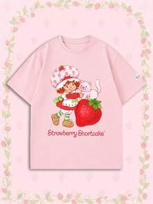 SHEIN X Strawberry Shortcake 女款夏季 T-shirt，可愛野餐印花寬鬆休閒短袖，適合日常穿著，甜美女孩風，粉紅色 - 粉色 - 查看 1