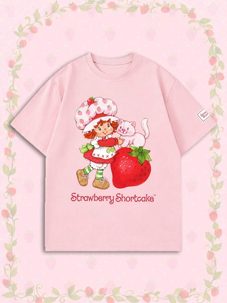 SHEIN X Strawberry Shortcake 女款夏季 T-shirt，可愛野餐印花寬鬆休閒短袖，適合日常穿著，甜美女孩風，粉紅色 - 粉色 - 查看 1