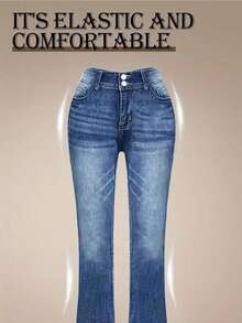 Women Double Button High Rise Gradient Whisker Wash Flare Bootcut Jeans - Blue - View 7