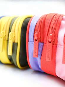 1pc Multi-Layer Multi-Compartment Color-Block Pencil Case, Minimalist Patchwork Large Capacity Canvas Stationery Bag, Multifunctional Storage Pen Box For Students (Random Color) - Multicolor - View 7