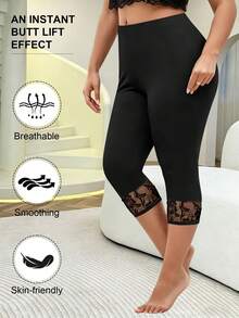 Pantalones de yoga de talle alto y unicolor con control de abdomen para mujer de talla grande, diseño con encaje, tela elástica y cómoda, adecuado para uso casual y deportivo en primavera - Negro - Ver 2