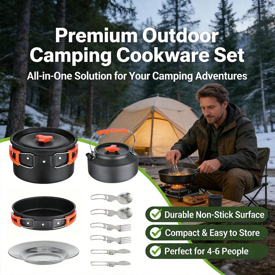 2-3 Person Portable Camping Cookware Set, Nesting Outdoor Cooking Kit With Pot, Kettle And Plates, Lightweight Compact Camping Gear For Hiking, Picnic, Backpacking And Outdoor Survival - Black - View 1