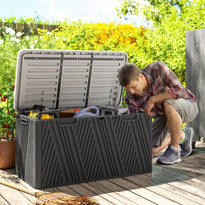 Bancă de depozitare pentru grădină 380L, cutie de depozitare exterioară din HDPE cu mânere laterale și capac cu sistem de ridicare cu gaz, 115 X 60 X 60 cm, neagră și gri