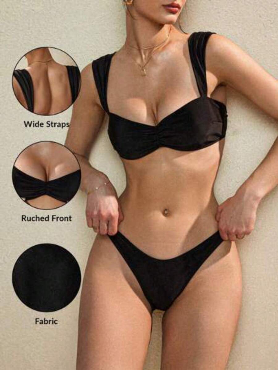 Swim Basics Set de bikini de color negro sólido y simple para mujer, ideal para vacaciones y playa en verano - Negro - Ver 1