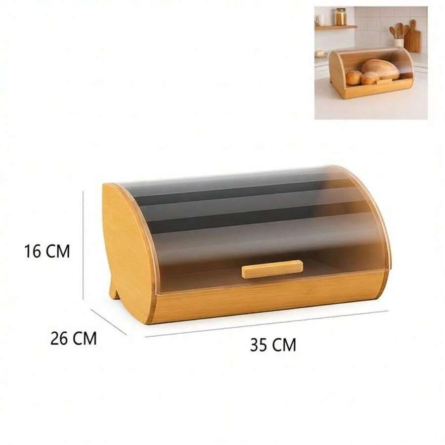 35cm Clear Bamboo Curved Lid Bread Box, Kitchen Countertop Storage Organizer - Clear - View 1
