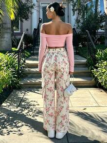 Women's Sweet Casual Daily Floral Rose Print Flap Pocket Wide Leg Cargo Straight Leg Pants - Rose Print - View 3