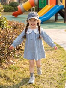 Spring & Autumn Korean Style Baby Girls Embroidered Collar Long Sleeve Princess Dress - Dusty Blue - View 1