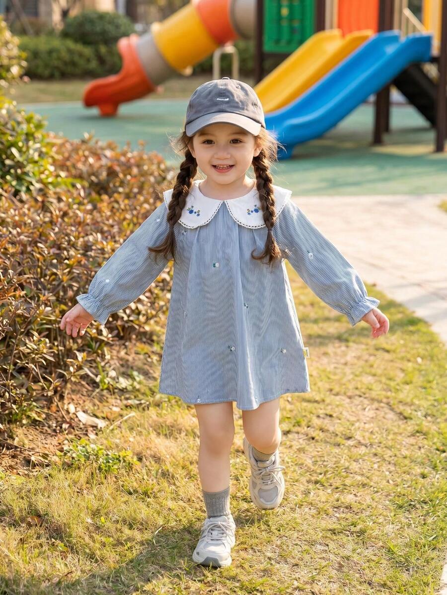 Spring & Autumn Korean Style Baby Girls Embroidered Collar Long Sleeve Princess Dress - Dusty Blue - View 1