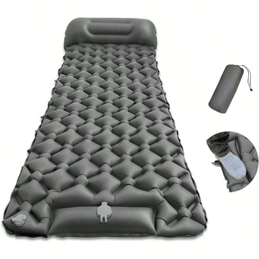 YEHUARIS Almohadilla Inflable Ultraligera para Dormir, Bomba de Pie Incorporada Portátil+ Almohada con Bolsa de Almacenamiento para Camping al Aire Libre, Mochilero y Senderismo, Individual (Gris) - Individual + Gris - Ver 1