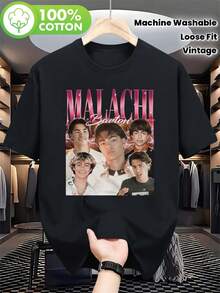 Limitierte Auflage Malachi.Baton Retro T Hemd| Schwarzes Vintage-Muster T Hemd,Bedruckt mit MALACHI Muster,Locker geschnitten,Unisex.| Lässige Sommerkleidung,Geburtstagsparty-Kleidung,Ganzjährig anwendbar| Maschinenwaschbar,Auffälliges Design,Rundhals - Schwarz - Übersicht 1