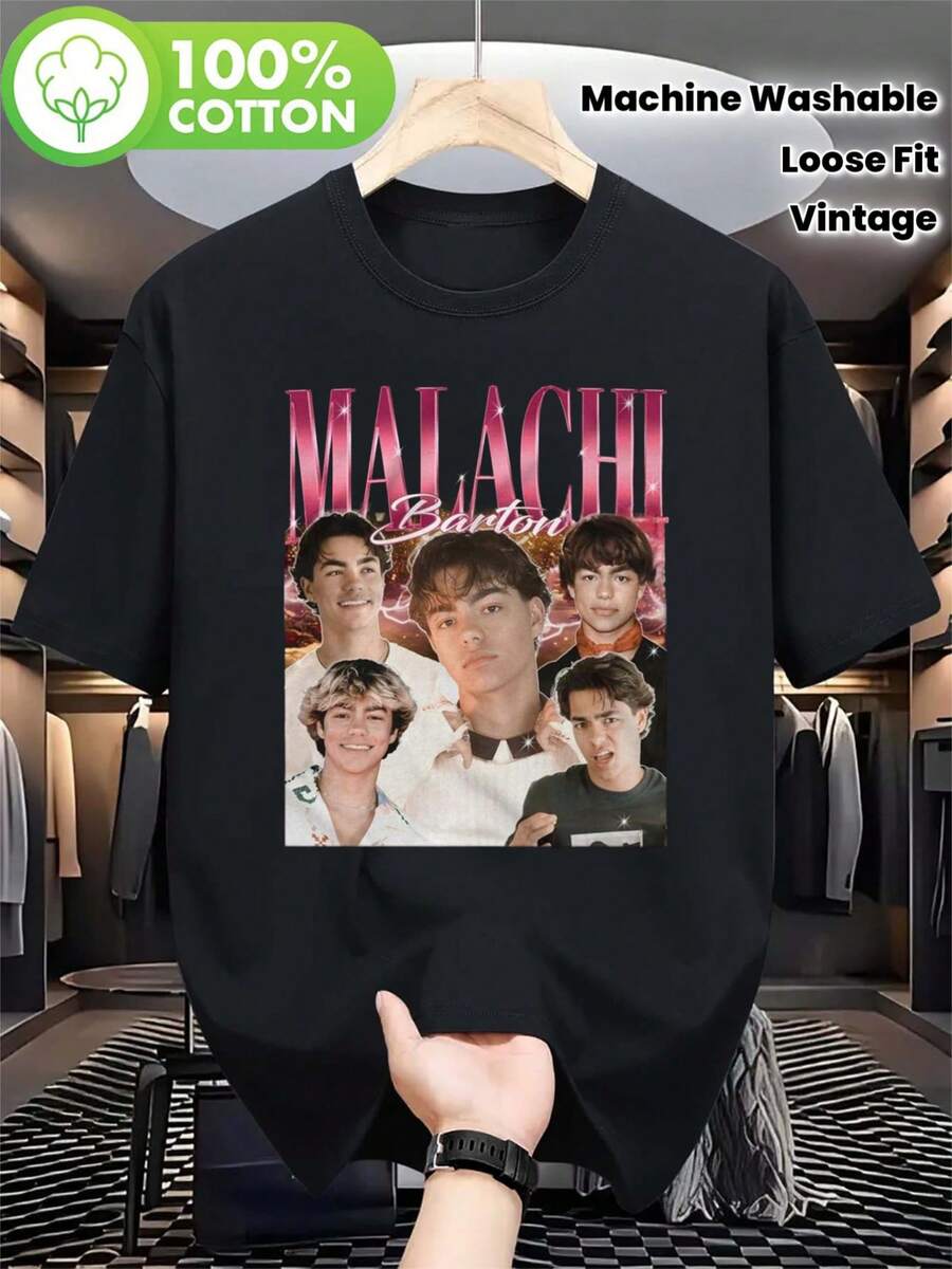 Limitierte Auflage Malachi.Baton Retro T Hemd| Schwarzes Vintage-Muster T Hemd,Bedruckt mit MALACHI Muster,Locker geschnitten,Unisex.| Lässige Sommerkleidung,Geburtstagsparty-Kleidung,Ganzjährig anwendbar| Maschinenwaschbar,Auffälliges Design,Rundhals - Schwarz - Übersicht 1