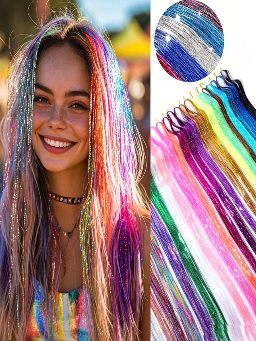 8pcs Laser Hair Extensions Set, Fashion Women's Hair Accessories Set, Holiday Shiny Hair Extensions, Colorful Glitter Hairbands & Clips, Holiday Gift Fairy Hair Accessories, Party Sparkling Hair Accessories, Halloween Party (Multi-Color) - Multicolor - View 1