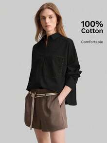 Ontre 2026 Primavera/Verano Nueva Camisa Casual de Mujer con Cuello Vuelto y Bordado de Manga Larga, Adecuada para Viajes Urbanos, Casual de Negocios - Negro1 - Ver 9