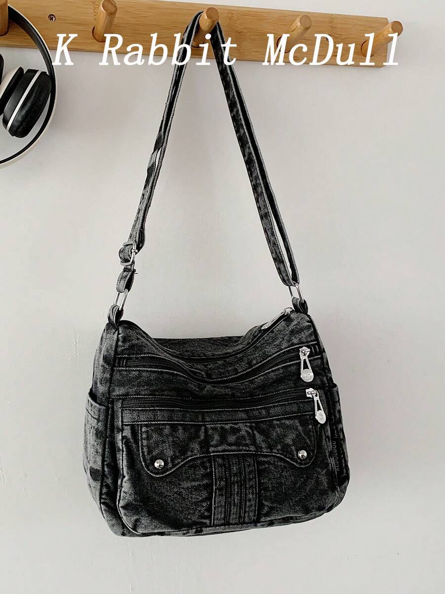 Casual Chic Soft Jeans Multi-Layer Crossbody Bag With Multiple Pockets, Versatile Commuter Large Capacity Women's Shoulder Bag, Great For Commuting - Black - View 1