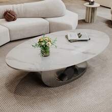 49.2" Modern Luxury Faux Marble Coffee Table For Living Room, Oval Stone Top End Table With Gold Metal Base, Scratch Resistant Rock Slab Top, Living Room Table - (Grey With White Top Table, Leg-a) - View 4