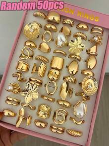 50/30/10/6pcs Women's Fashion Ring Set, Gold Flower & Faux Pearl Asymmetrical Smooth Geometric Liquid Rings, (Random Styles) - Yellow Gold - View 12