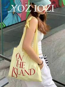 Japanese & Korean Style Niche Design Ins Slouchy Tote Bag, Large Capacity Shoulder Underarm Tote Bag, Letter Print Versatile Shopping Bag - Yellow - View 2
