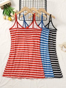 3pcs Women Plus Size Sleepwear, Striped Print, Spaghetti Strap Short Dress, Loose Comfortable Casual Home Dress, Summer Clothing, Summer Women Dress - Multicolor - View 2