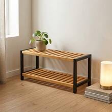 69x24x53,2cm Holz 3-stufiges Lamellen Schuhregal Organizer, Bambus Eingangsbereich Aufbewahrungsregal - Rotbraun - Übersicht 6
