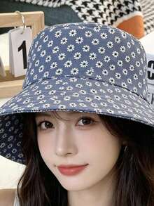 女款花卉雛菊印花牛仔水桶帽，寬簷輕便遮陽帽，適合海邊度假、日常戶外購物 - 彩色 - 查看 3