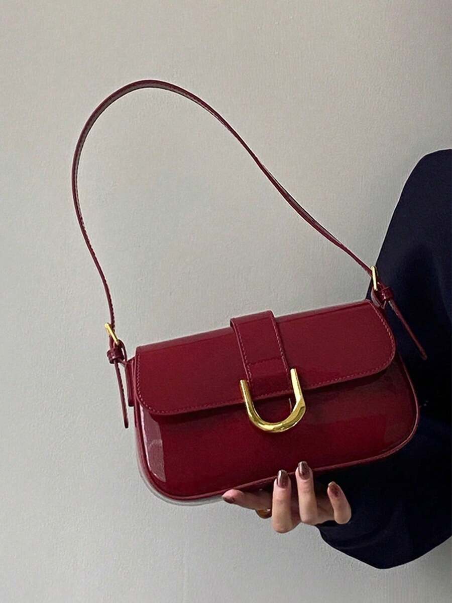 1pc Lacquered Polyurethane Leather Handbag For Women,Small Shoulder Bag [US-Based Shipping] Burgundy Baguette Bag,Y2K Babe Bag,Lacquered Square Bag. - 酒紅色 - 查看 1