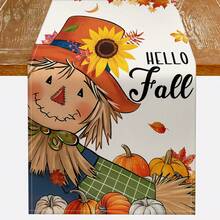 1件 Hello Fall 稻草人向日葵南瓜楓葉桌旗，感恩節秋季農舍風桌飾，季節性梳妝台裝飾布，居家派對裝飾 - 橘色 - 查看 7