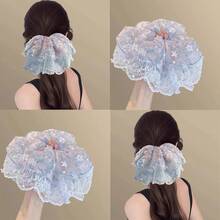 1pc Mint Summer~Summer Mesh Double Layer Lace Pearl Scrunchie Women's Ethereal Floral Travel Hair Accessory Ponytail Hair Ties Elastics Rubber Bands - Multicolor - View 2