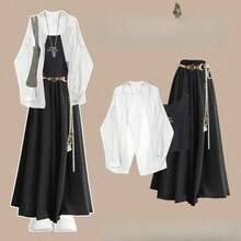 Women Two-Piece Outfits - Black Culottes + White Sun-protective Shirt * Dark Gray Vest - View 1