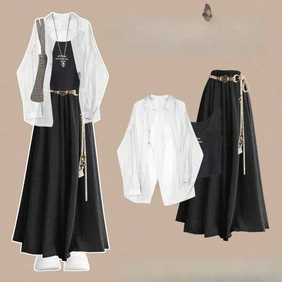 Women Two-Piece Outfits - Black Culottes + White Sun-protective Shirt * Dark Gray Vest - View 1