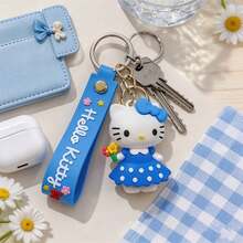 Miniso Sanrio Hello Kitty 卡通角色鑰匙圈，手持花束、藍色波點洋裝吊飾，錢包手提包配件裝飾品 - 藍色的 - 查看 3