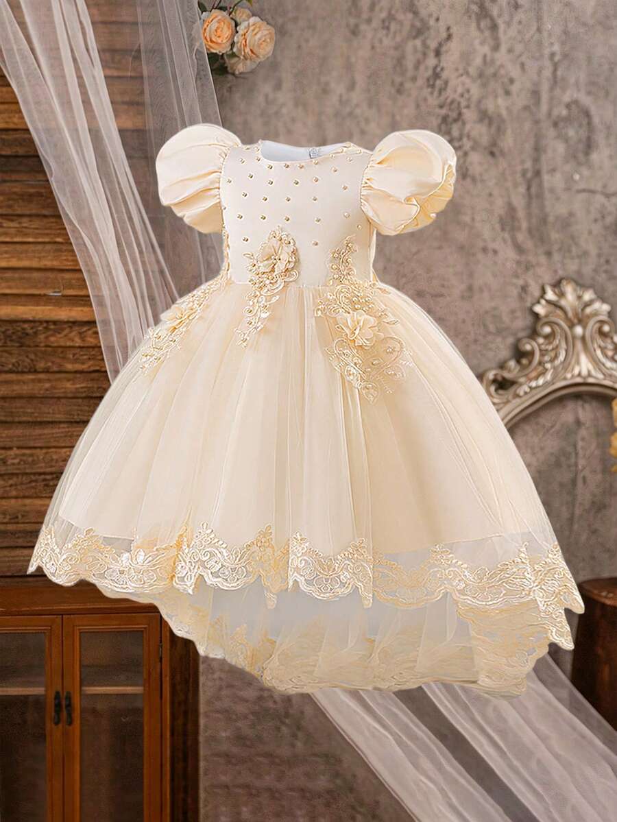 Vestido de niña de flores con mangas abullonadas, apliques de cuentas y cola de tul color champán, adecuado para recital de piano y fiesta de noche, con perlas falsas incrustadas al azar, diadema no incluida - Champán - Ver 1