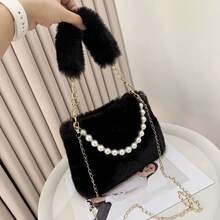 Bolso de mano de piel de conejo y perlas a la moda, bolso cruzado para mujer, diseño de cadena, bolso de hombro pequeño y versátil para invierno - Rojo - Ver 7