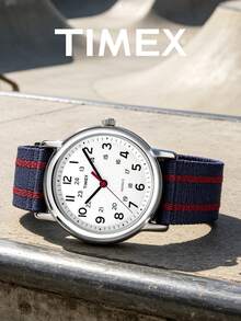 Timex Unisex Retro Navy Stripe Nylon Strap Quartz Watch White Dial Red Accent 24H Casual Watches Preppy Skate Street Style Campus Couple Teen Gift - 海軍藍條紋 - 查看 4