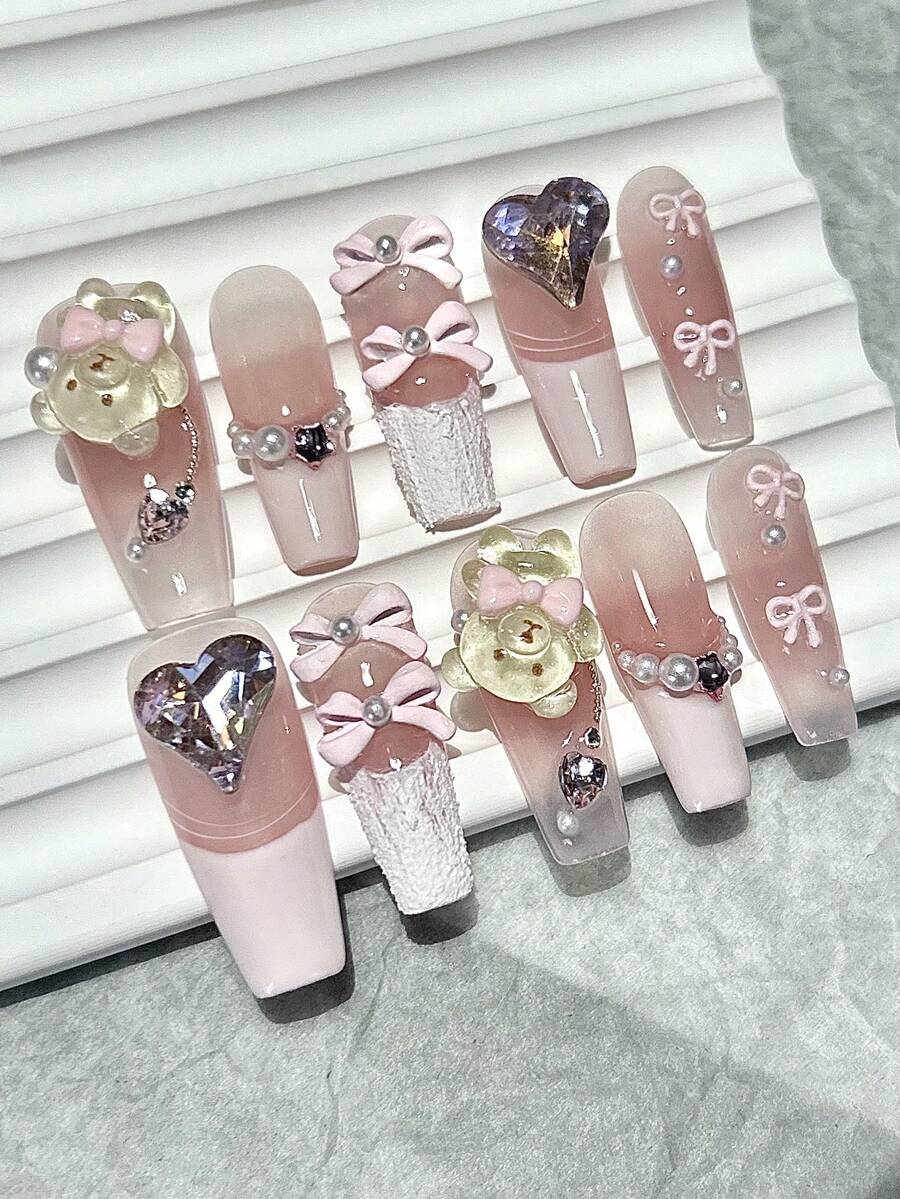 10pcs Cream Bear Ballet Handmade Press-On Nails, Bow Heart Rhinestone Pearl Glitter Pink Sweet French Style Coffin Nails, Nail Art Supplies (1pc Jelly Glue + 1pc Nail File) - Pink - View 1