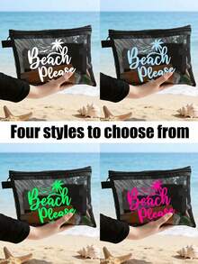 彩色「Beach_please」文字、椰子樹與海鷗圖案海灘主題網袋，便攜大容量透明化妝包，可收納口紅與氣墊粉撲，輕量耐用易攜帶，夏威夷風海岸風情，適合海灘度假、夏季旅行、游泳、購物、健身，女性旅行短途出遊，母親節、情人節、教師節、畢業季、開學季、齋月禮物 - 彩色 - 查看 7