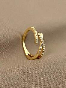 1 buah Cincin Salib Berlian Imitasi, Desain Berongga Minimalis, Cincin Garis Geometris yang Segar, Manis, dan Modis, Cincin Pita Tipis untuk Wanita - Emas - View 2