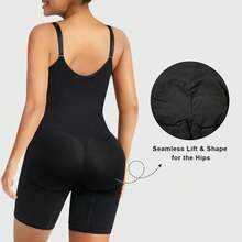 Front Zip Deep V Shapewear Bodysuit Inner Hooks Open Gusset Butt Lifter Padded Shorts Tummy Control - Black - View 5