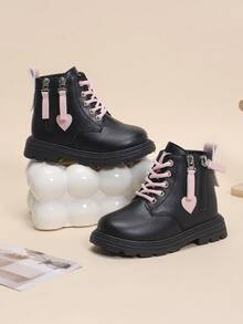 1 Pair Pink Heart Decor Girls' Boots, Round Toe Thick Sole Height-Increasing Double Side Zipper Design, Fashionable Cute Princess Style Chelsea Abkle Boots, Suitable For School, Daily, Birthday, Party, Outdoor Wear, Autumn/Winter New - Black - View 8