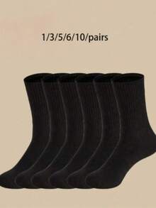 6 Pairs Men's Black Solid Color Mid-Calf Breathable Versatile Socks - Black - View 9