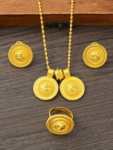 3pcs/Set Classic Minimalist Golden Color Swirl Pattern Jewelry Set, Single/Double Pendant, Earrings, Ring, Necklace Combination, Middle Eastern Daily Fashion Cute Women Girls Jewelry, African Arabic Birthday Party Gathering Wedding Engagement Holiday Accessories Gift - Yellow Gold - View 12