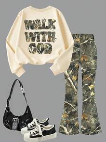 American Style Versatile Girls' Sweatshirt & Leaf Print Pants 2-Piece Set, Random Cut, Suitable For Spring And Autumn, Perfect For School, Vacation, Shopping And Sports - Apricot - View 3