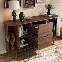 Vertical Grain Sideboard, Two Sliding Doors, Two Drawers, Solid Wood Legs And Rounded Corner Unit For The Living Room. - 自然色 - 查看 7