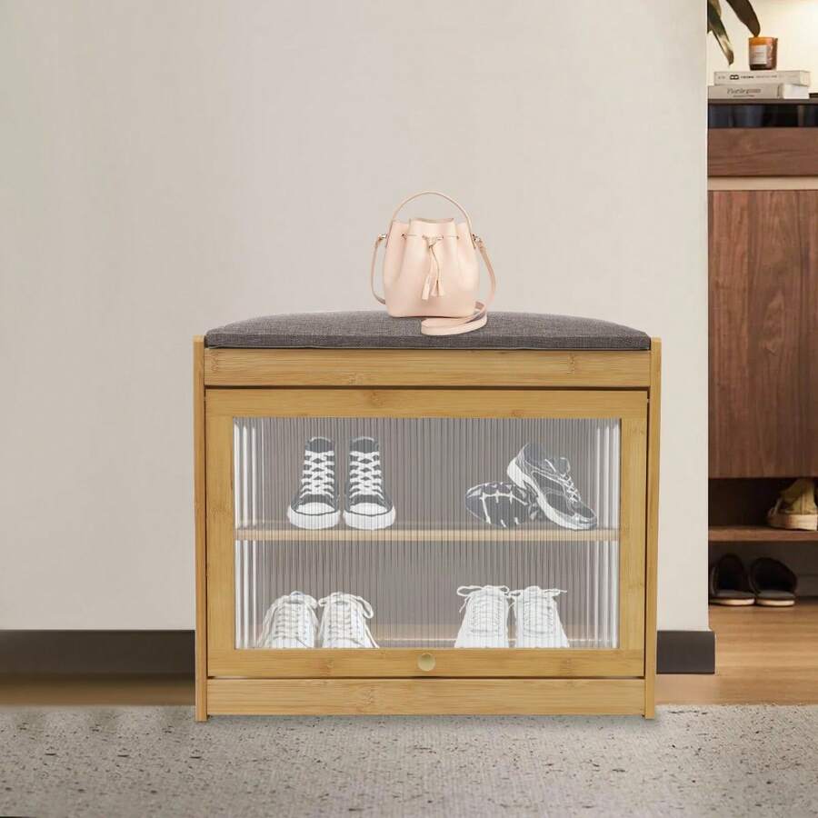 Banc à chaussures en bambou couleur bois avec porte rabattable en acrylique, banc de rangement à chaussures à 2 niveaux avec coussin, tabouret organisateur de chaussures sur pied pour entrée, couloir ou chambre, armoire à chaussures fermée à bords arrondis avec pieds surélevés - Couleur du journal - Voir 1