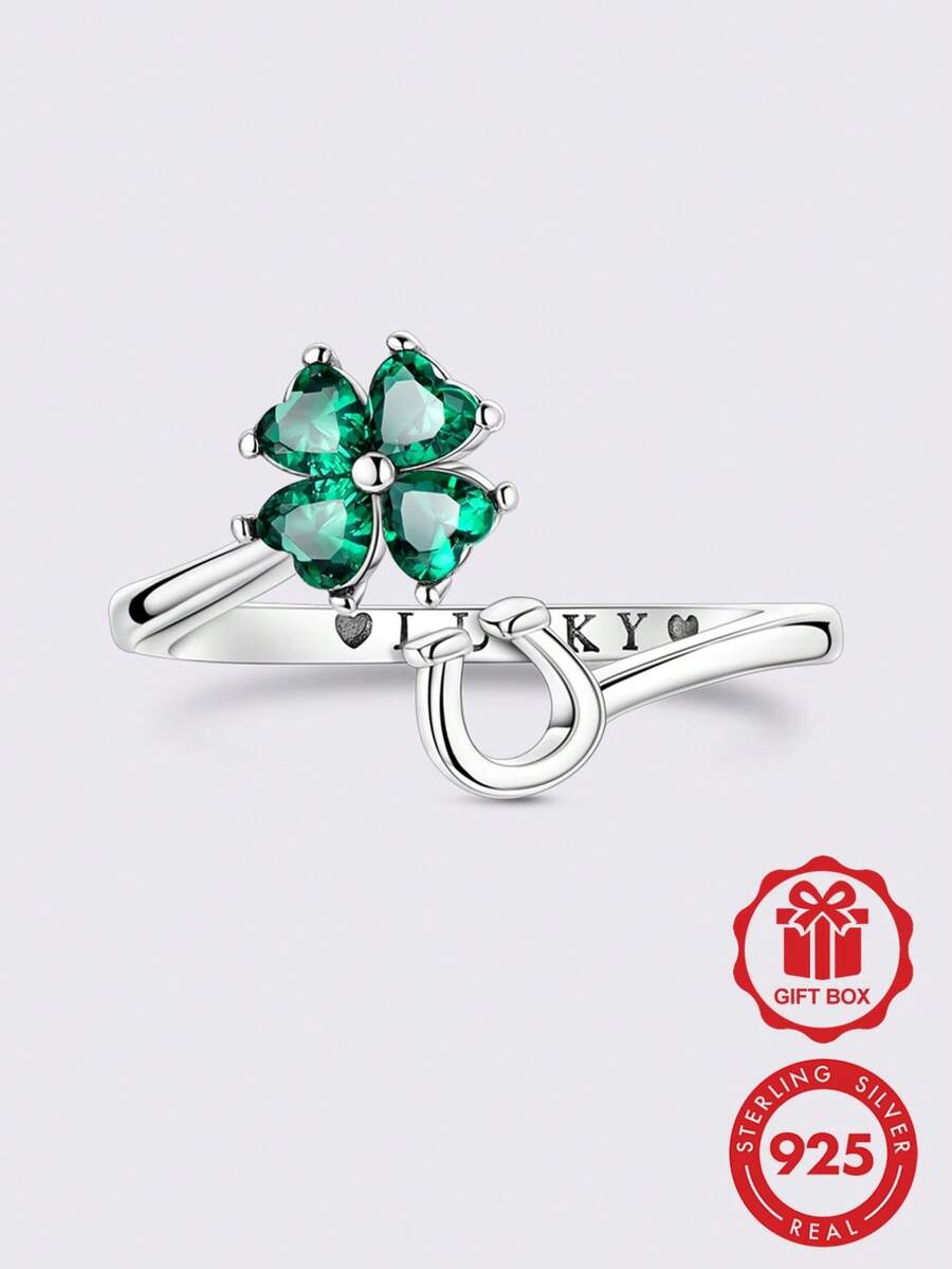 1pc 925 Sterling Silver Ring, Adding Luck And Luxury To Your Style. This Open-Band Ring Features A Sparkling Emerald-Cut Cubic Zirconia Stone In A Four-Leaf Clover Shape, Accented With Polished Silver-Plated Lucky Horseshoe Details And "LUCKY" Engraving. - Silver - View 1